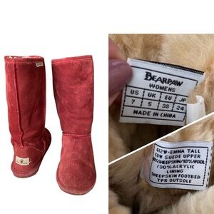 Bearpaw Tall Boots  Emma Pull on Stylish Suede Wool Women’s size 7 Red/ Burgundy